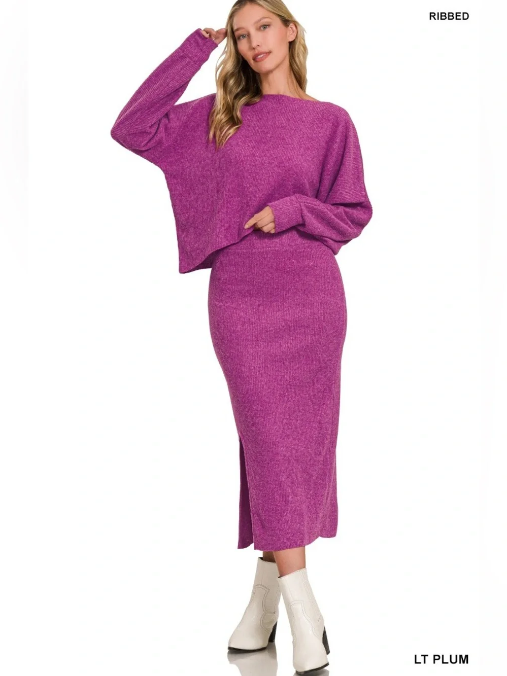 Zenana Light Plum Cozy Knit Sweater Midi Skirt 2 Piece Matching Set NWOT